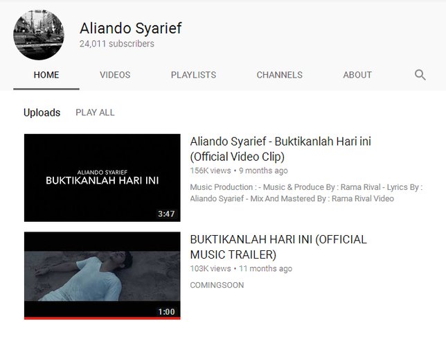 Unggahan terakhir Ali di Youtube adalah 9 bulan lalu / Credit: Aliando Syarief Youtube