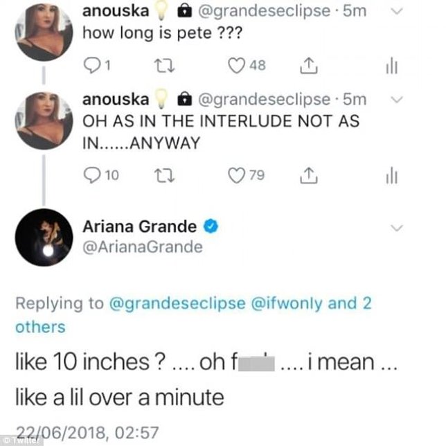 Jawaban nakal Ariana yang kini dihapus. (twitter.com/arianagrande)
