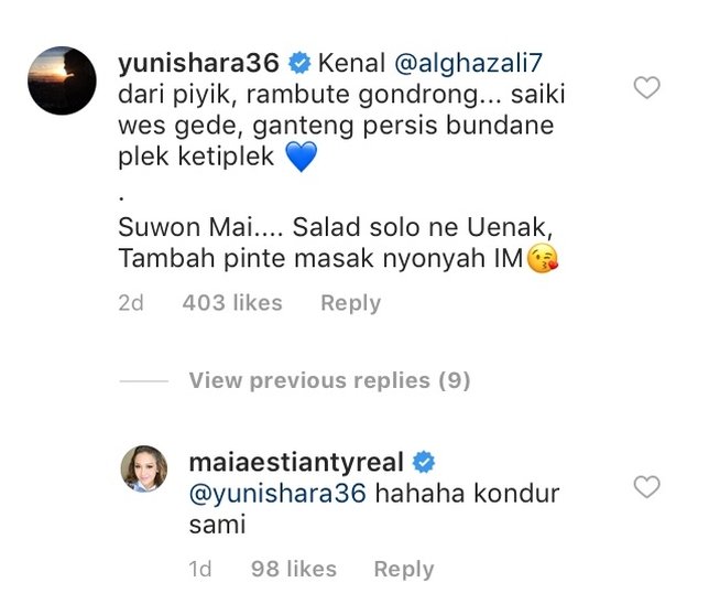 Komentar Yuni Shara © Instagram Maia Estianty