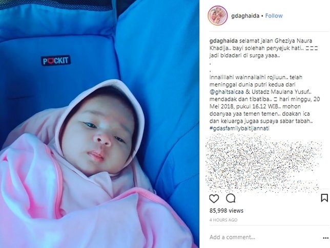 Putri pertama Aa Gym juga tulis berita kepergiaan keponakannya tersebut. Credit: via instagram.com/gdaghaida