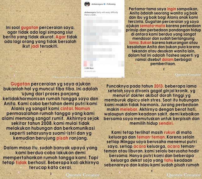 Klarifikasi Abdee di IG soal masalah rumah tangganya dengan Anita ©instagram/abdeenegara