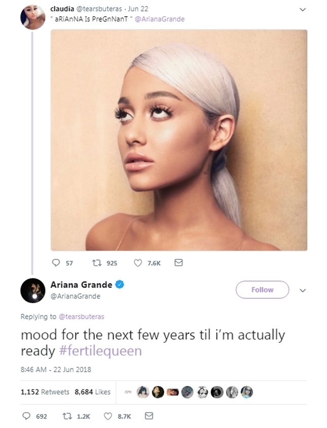 Ditanya mengenai kehamilannya, ini jawaban Ariana Grande. (twitter.com/arianagrande)