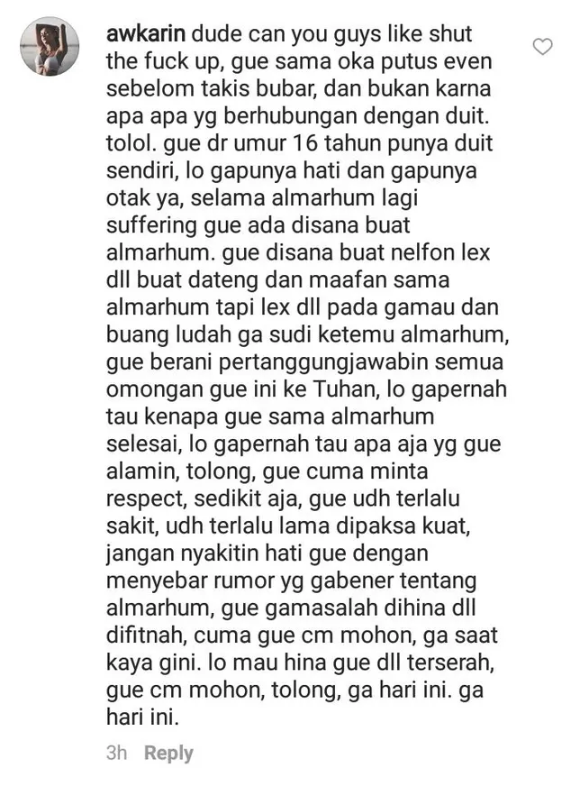 Awkarin buka suara soal kematian Oka ©instagram/awkarin