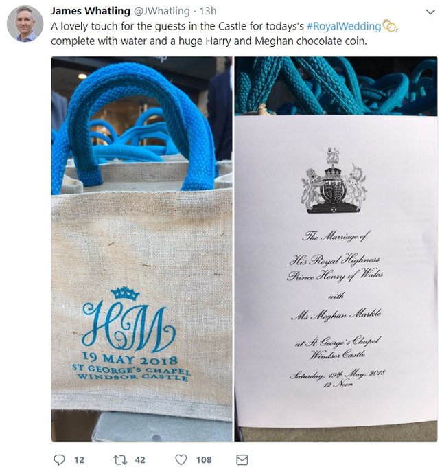 Goodie bag royal wedding Pangeran Harry dan Meghan Markle (credit: twitter.com/JWhatling)