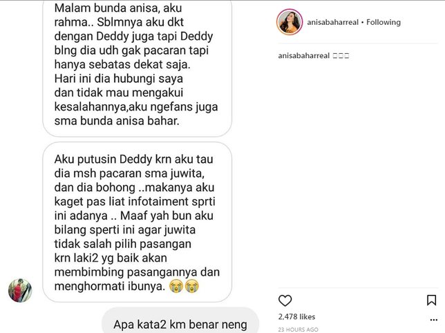 Ada perempuan lain juga yang mengaku pacar Deddy ©instagram/anisabaharreal