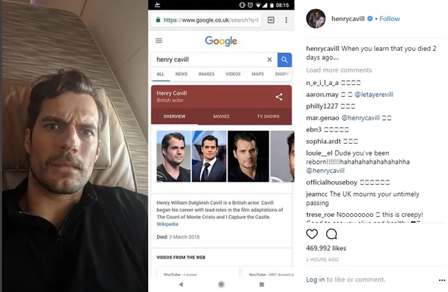 Henry Cavill meyakinkan fansnya dirinya masih hidup dan sangat sehat. © instagram.com/henrycavill
