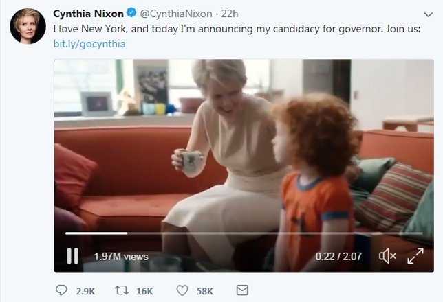 Pengumuman Cynthia Nixon di twitter. © twitter.com/cynthianixon