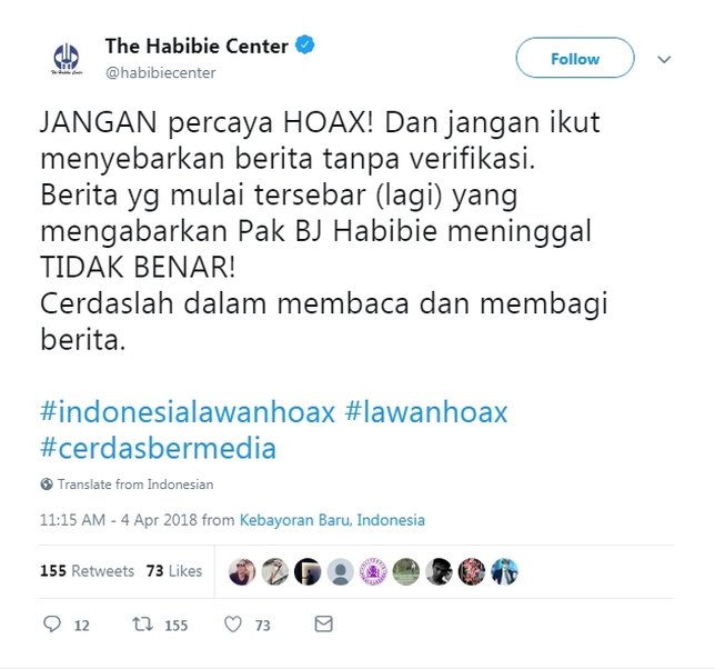 Statement resmi pihak BJ Habibie atas hoax ini. © twitter.com/habibiecenter/