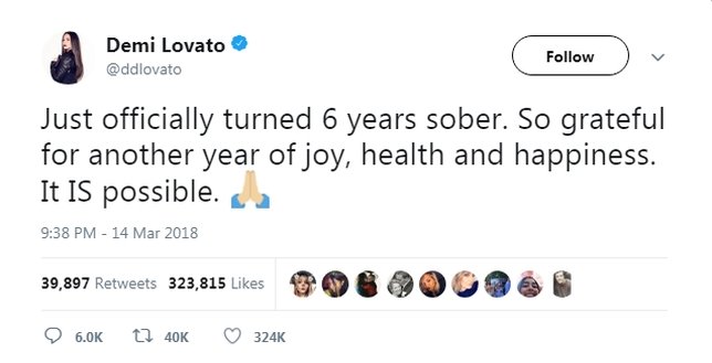 Ucapan rasa syukur Demi Lovato yang telah enam tahun bebas alkohol. (twitter.com/ddlovato/)