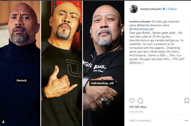 Deddy Corbuzier mengaku senang sering disamakan dengan The Rock dan Indro Warkop. © Instagram.com/mastercorbuzier