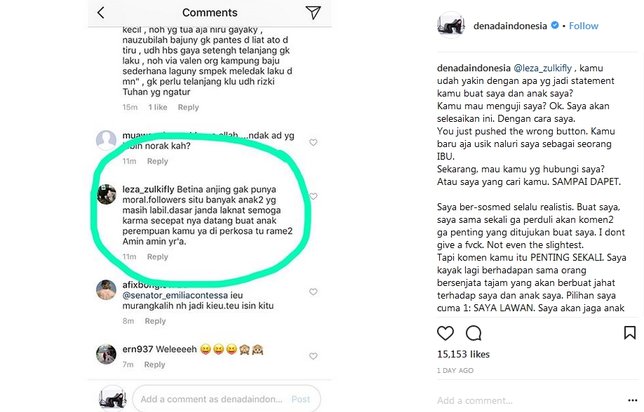 Akun yang berkomentar buruk pada Denada dan anaknya ©instagram/denadaindonesia