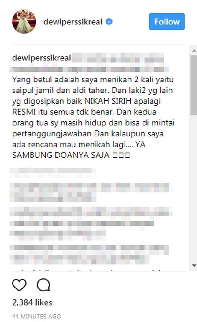 Dewi Perssik berikan klarifikasi mengenai kabar pernikahannya © instagram.com/dewiperssikreal