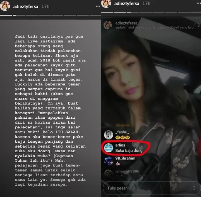 Adiezty alami pelecehan seksual verbal ketika live di IG ©instagram/adieztyfersa