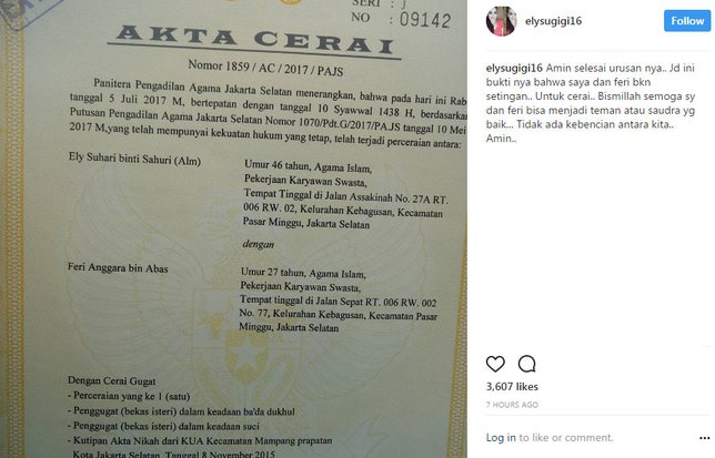 Elly Sugigi Pamerkan Akta Cerai Tak Mau Perpisahan Disebut