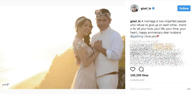4 tahun menikah, Gisella tulis kalimat romantis untuk Gading. /©instagram.com/gisel_la