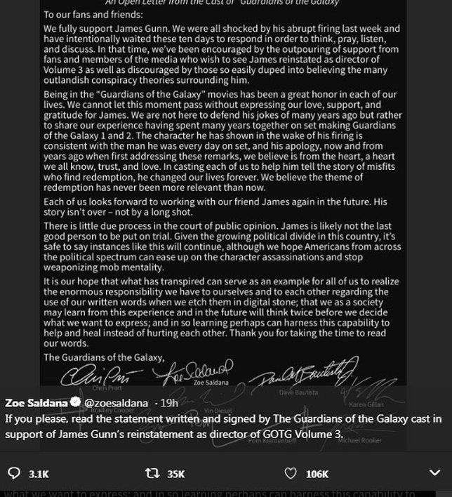 Lewat postingan Twitter Zoe Saldana, para cast GUARDIAN OF THE GALAXY tulis surat terbuka untuk memberi dukungan pada James Gunn. © Twitter/zoesaldana