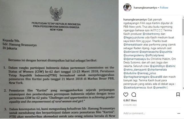 Surat undangan untuk Hanung dari PRTI © instagram.com/hanungbramantyo
