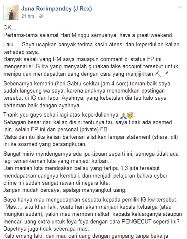 Juna tahu namanya dicatut oleh penipu ©facebook/junarorimpandey