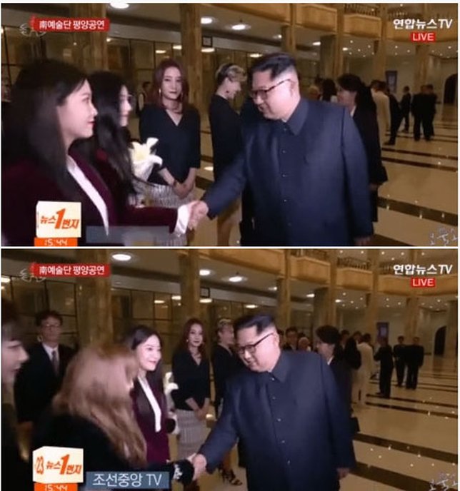 Kim Jong Un saat berjabat tangan dengan para member Red Velvet. © allkpop.com