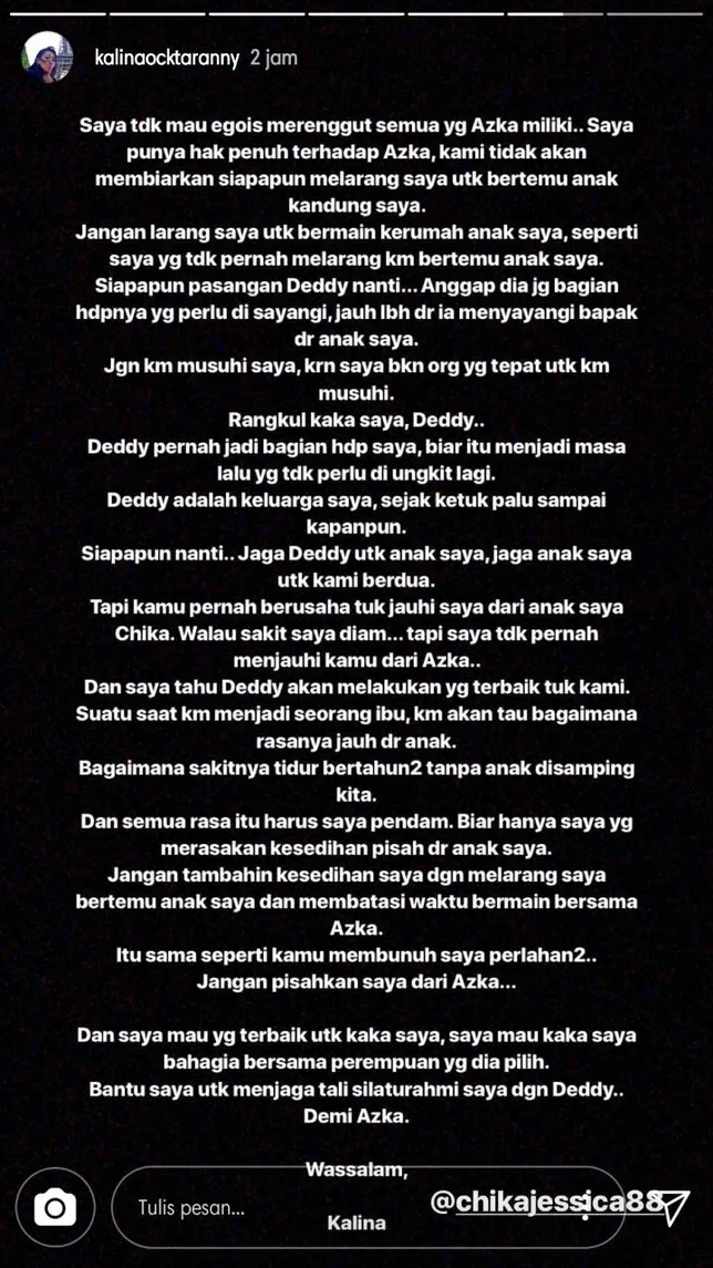 Pesan dan permohonan Kalina untuk Chika © instagram.com/kalinaoctaranny
