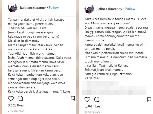 Meski merasa kehilangan, Kalina mengaku sudah mengikhlaskan kepergian sang janin. © Instagram/kalinaoctaranny