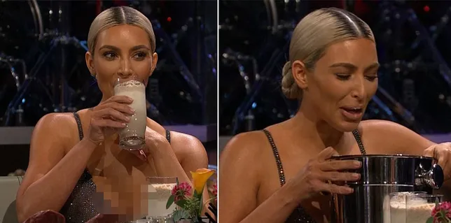 Daripada menjawab pertanyaan tersebut, Kim malah memilih minum jus sarden © NBC