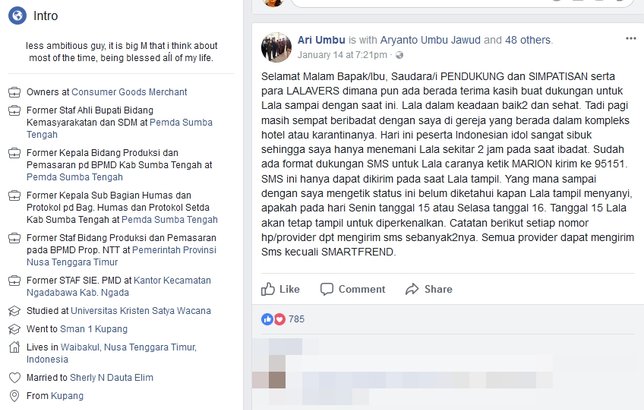 Ari Umbu minta dukungan netizen untuk Lala ©facebook/ari.umbu