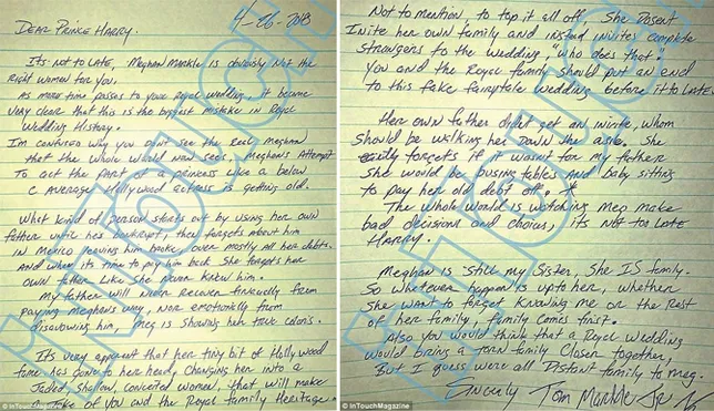 Surat peringatan Thomas untuk Pangeran Harry / Credit: InTouch Magazine