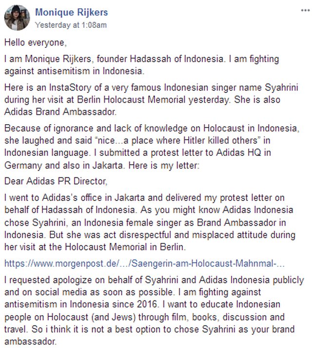 Protes Monika terhadap Adidas / Credit: HSA - Holocaust Social Archive Facebook