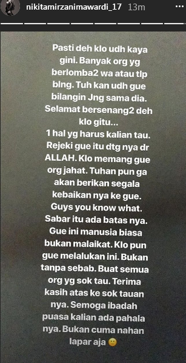 Ternyata banyak yang sudah memperingatkan Niki ©instagram/Nikitamirzanimawardi_17