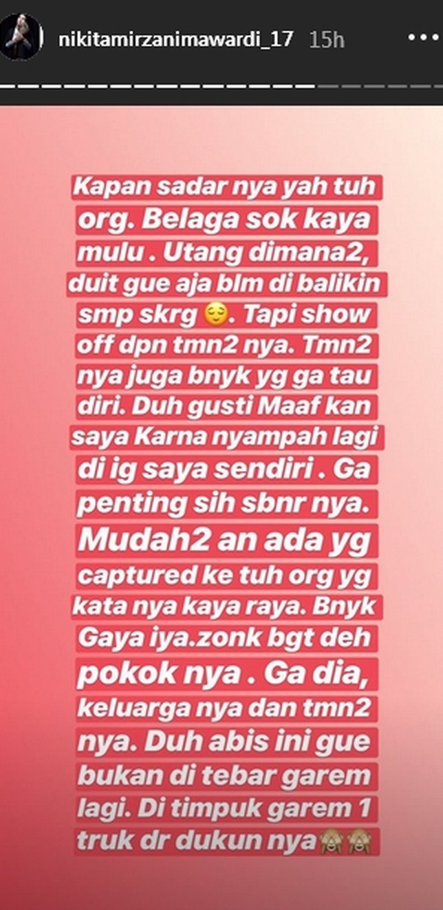 Curhatan Nikita di Insta Story ©instagram/nikitamirzanimawardi17