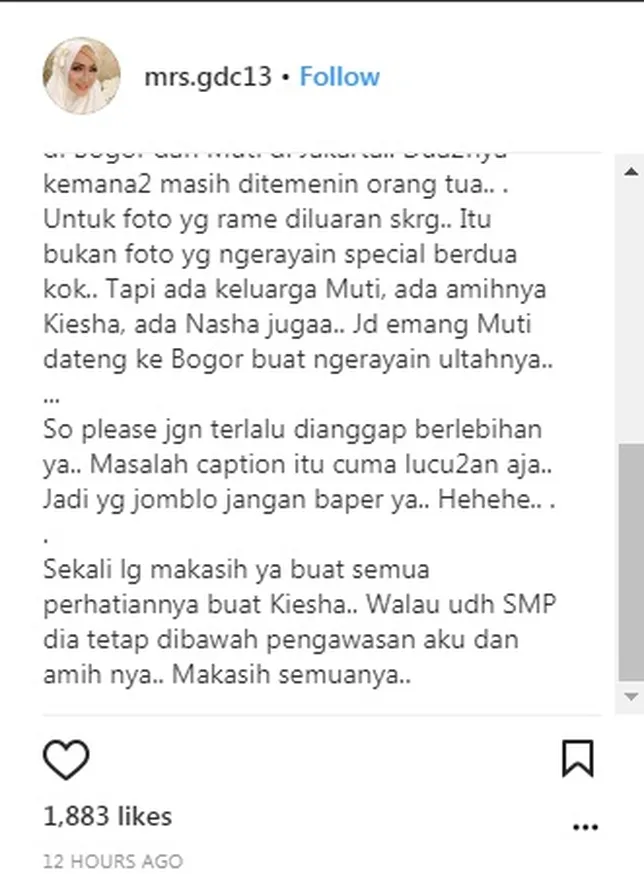Okie minta pengertian dari netizen dan menyebut Kiesha hanya mengalami cinta monyet ©instagram/mrs.gdc13