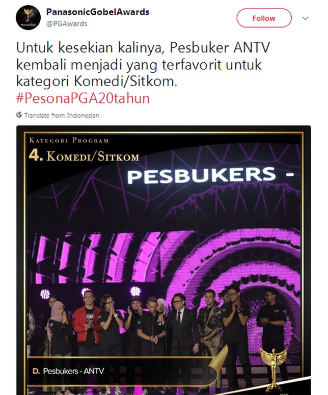 'Pesbuker' Program Komed/Sitkom Terbaik © Twitter/PGAwards