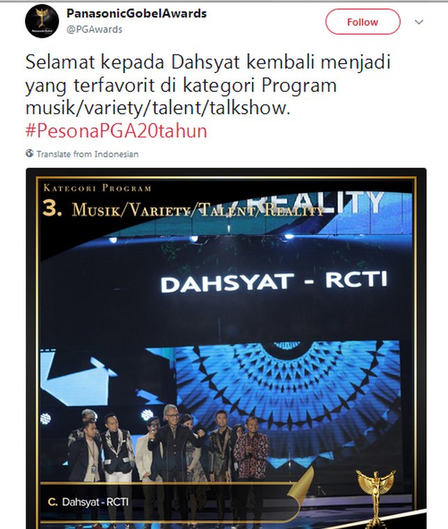 Dahsyat menangi \'Program Musik/Variety Show\' © Twitter