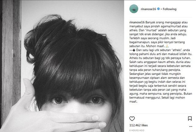 Rina tegaskan dirinya adalah seorang Muslim ©instagram/rinanose16