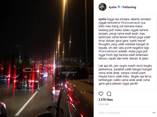 Curhatan Sissy mengenai kemacetan Jakarta © Instagram/sysiio