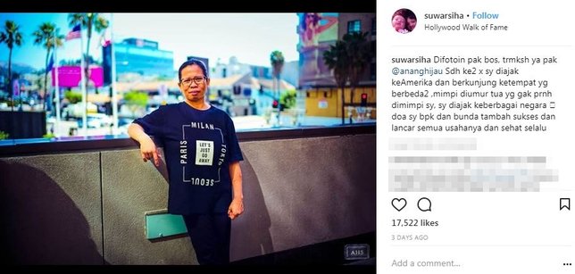 Suwarsih ucapkan rasa terima kasihnya karena sering diajak ke luar negeri oleh Anang dan Ashanty © instagram.com/suwarsiha