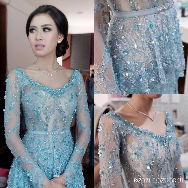 Detail payet cantik kebaya biru yang dikenakan oleh Syahnaz. /©instagram.com/renzilazuardi