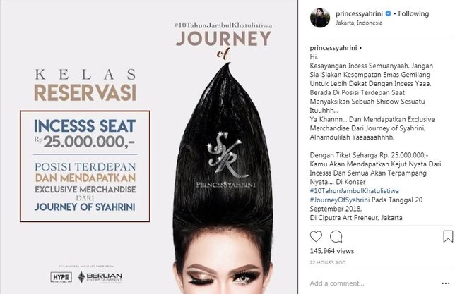 Salah satu tiket konser Syahrini dibanderol Rp 25 juta © instagram.com/princessyahrini