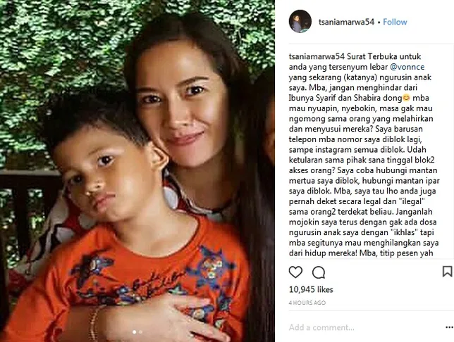Tsania Marwa tulis pesan untuk Vonny Cornelia di akun sosial media. /©instagram.com/tsaniamarwa54