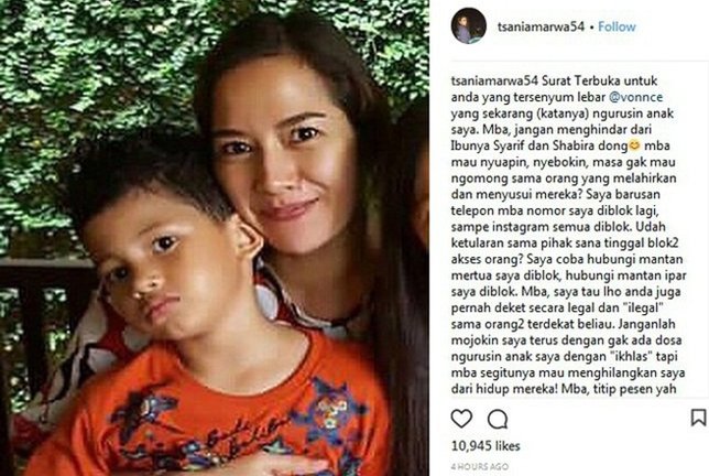 Tsania Marwa tulis pesan untuk Vonny Cornelia di akun sosial media. /©instagram.com/tsaniamarwa54