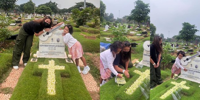 7 Portraits of Mutia Ayu Inviting Gewa to Visit the Grave of the Late Glenn Fredly, Touching Hugging the Tomb of Her Father