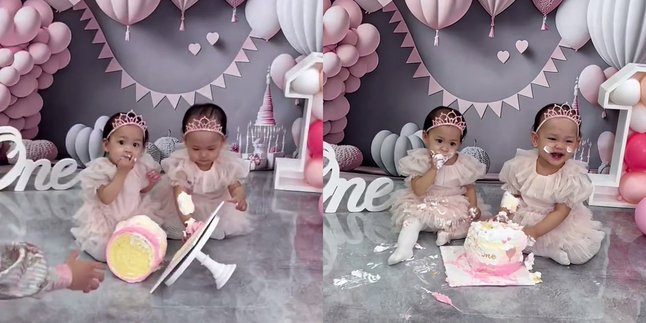 7 Portraits of Anisa Rahma's Twin Children's Birthday, Adorable Cake Dropping