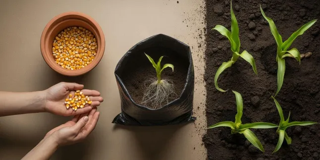 cara menanam jagung, di pot, di polybag, di tanah terbuka, dari biji, dari batang, dari akar