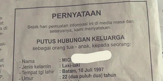 Cowok 22 Tahun Dicoret dari Kartu Keluarga, Diumumkan Lewat Koran!