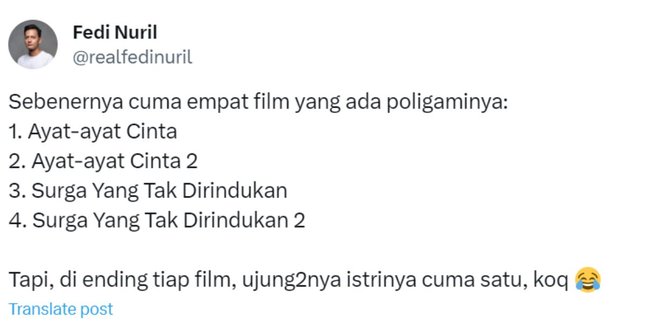Labeled as Polygamy Ambassador in Indonesian Film, Fedi Nuril Gives 'Ngenyeh' Answer to Netizens