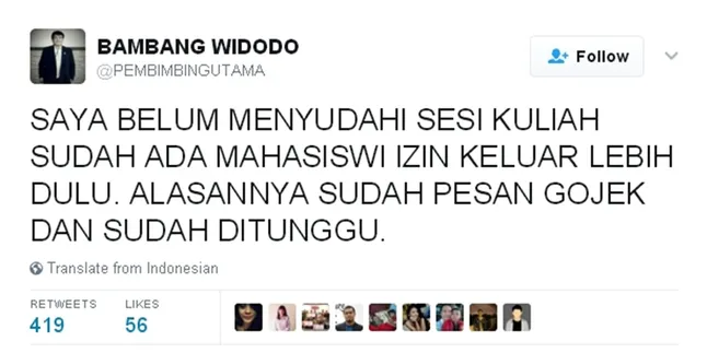 Ditinggal Naik Gojek, Cuitan Pembimbing Skripsi Ini Jadi Viral