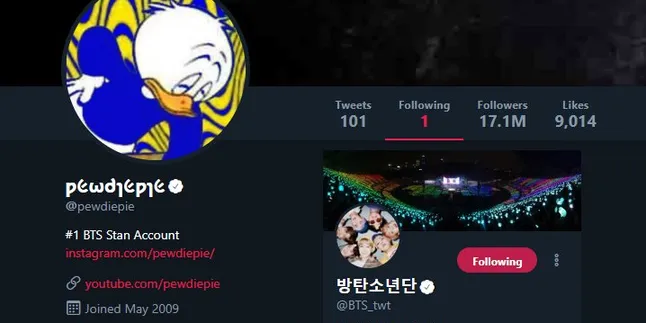 Jadi Fans Nomor Satu, Pwediepie Unfollow Semua Akun Twitter Kecuali BTS
