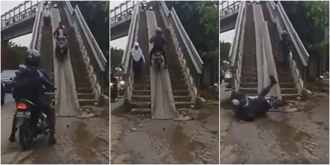 Nekat Naiki Jembatan Penyeberangan, Pengendara Ini Malah Jatuh