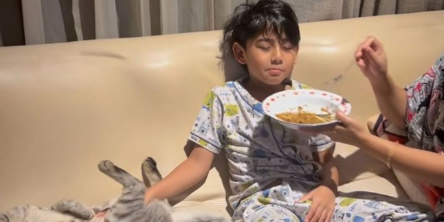 Portrait of the Funny Behavior of Bambang, Meisya Siregar and Bebi Romeo's Youngest Son, While Eating Sahur, Sleeping While Being Fed While Holding a Cat
